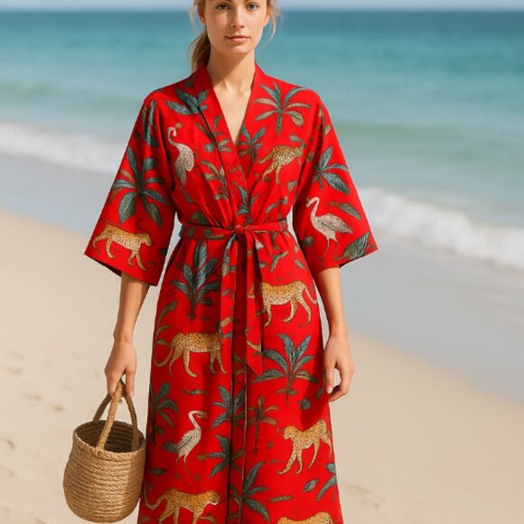 100% Cotton Bath Robe /Kimono Red One Size - Picture 1 of 5
